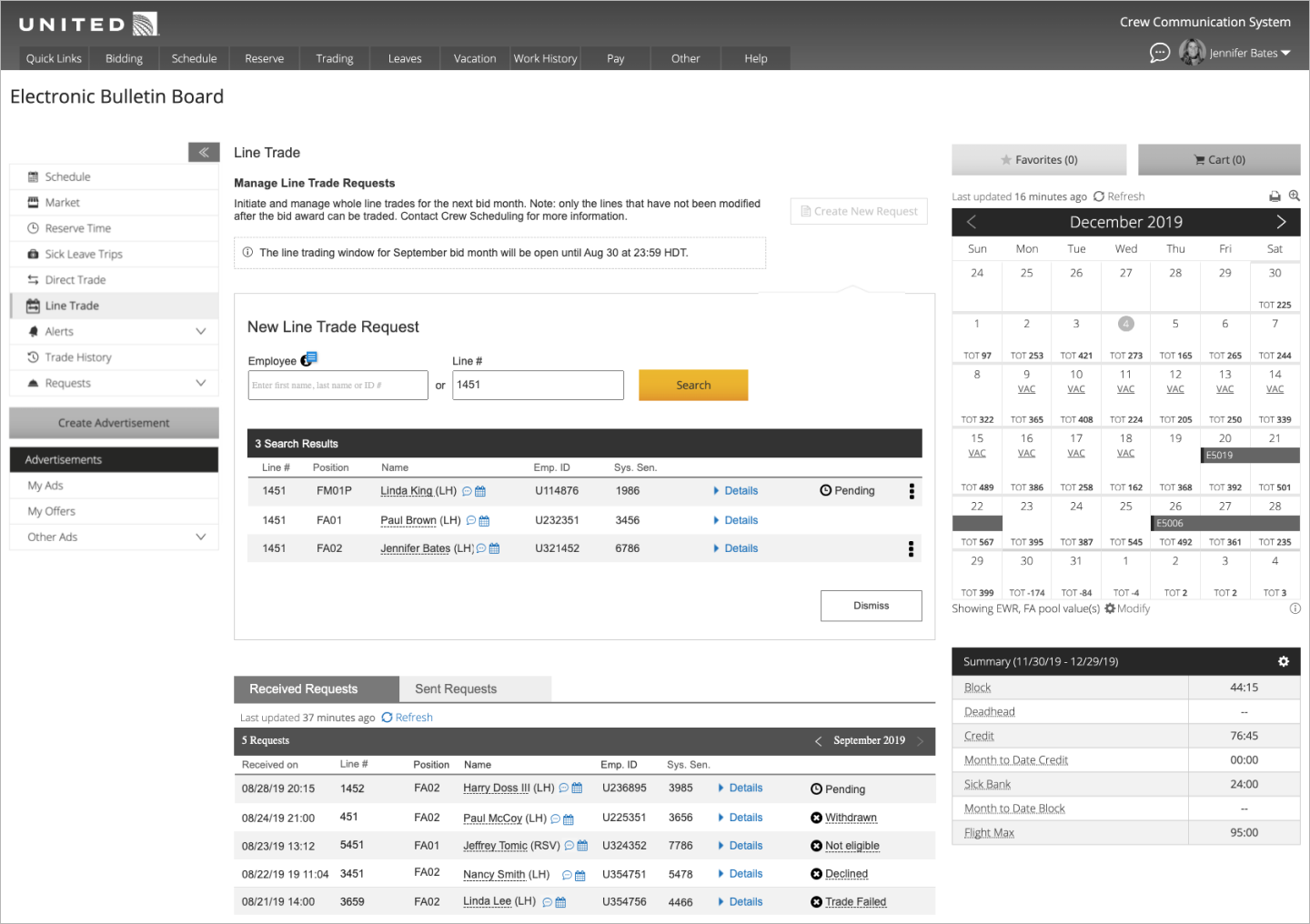 Wireframe of Line Trade page